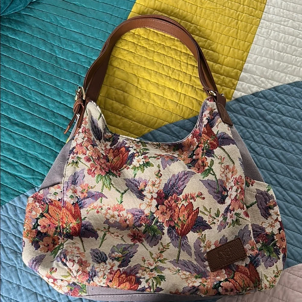 Worldlyda Purple Floral Bag with Slouchy Shape and Leather Handles